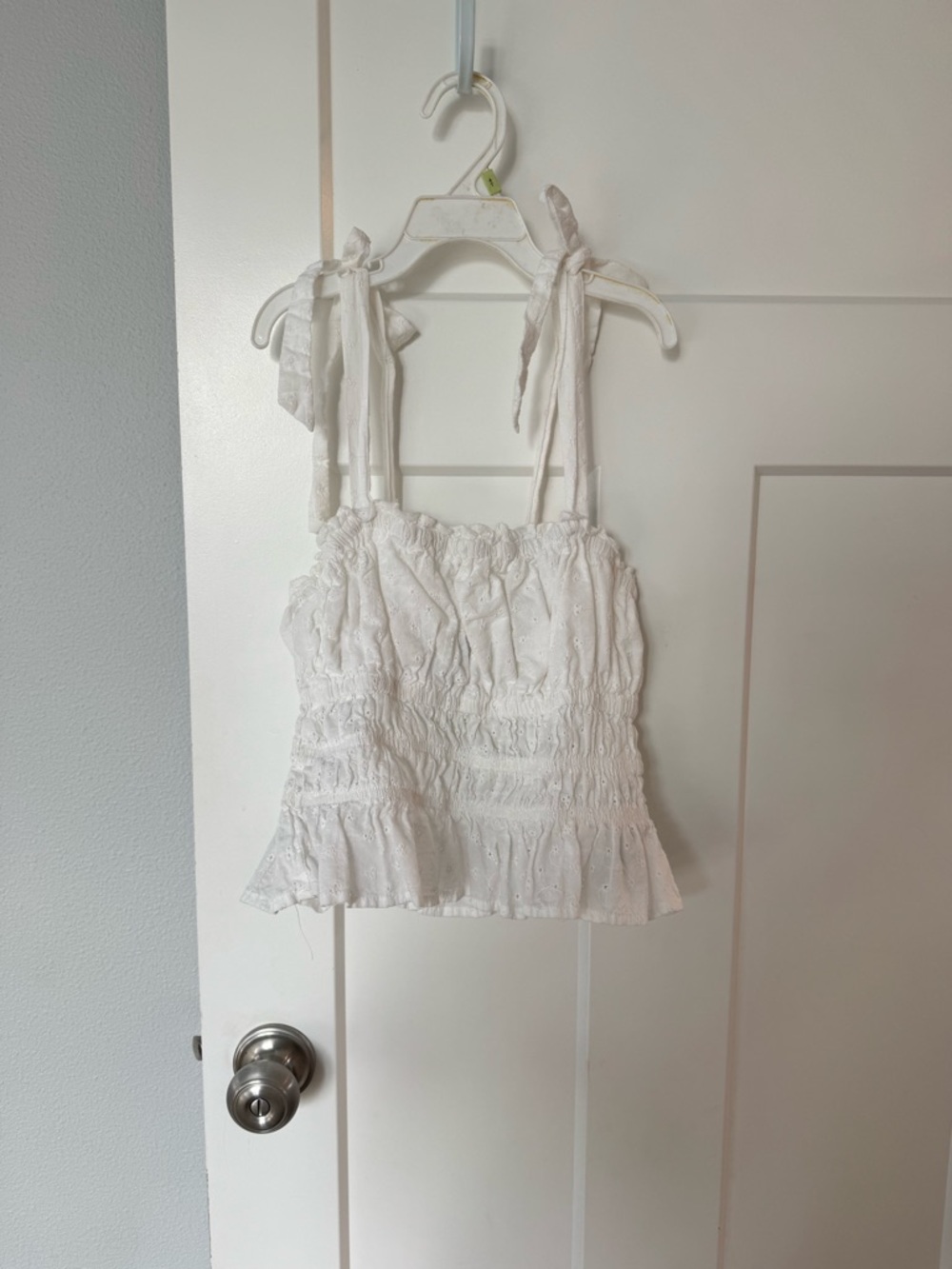 Forever 21 White Eyelet Smocked Tank with Tie Straps